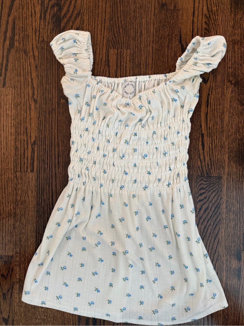 With Jean Smocked White Mini Dress with Blue Floral Print